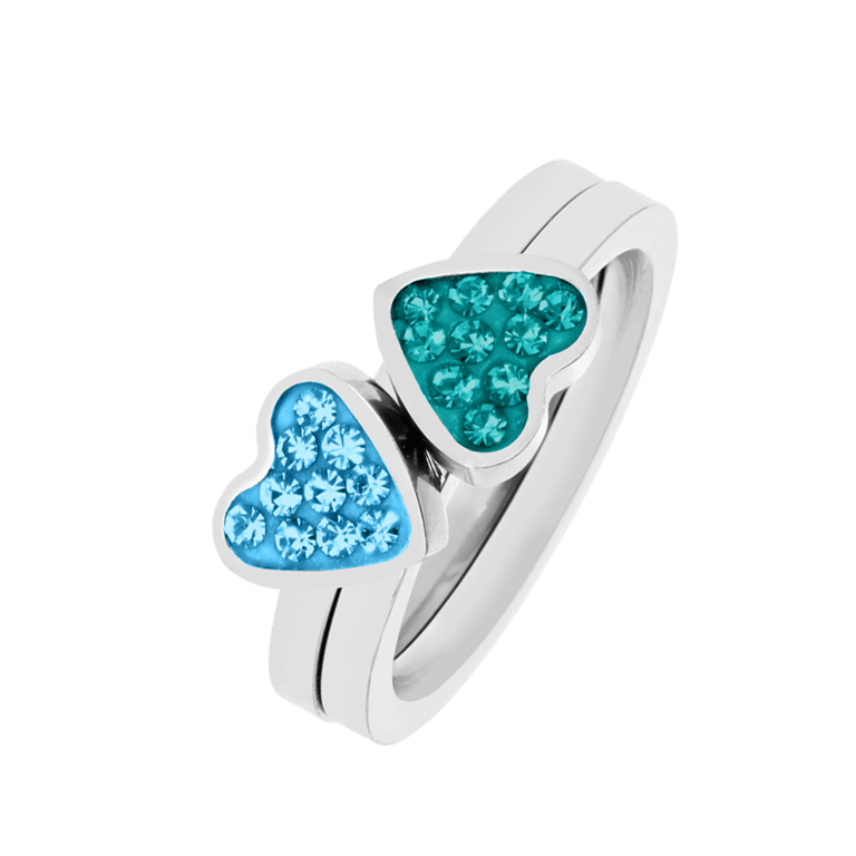 Gerecycleerd stalen kinderring 2in1 blue zircon/aqua kristal