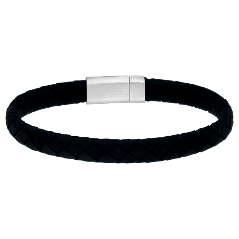 Stalen herenarmband gevlochten leer zwart