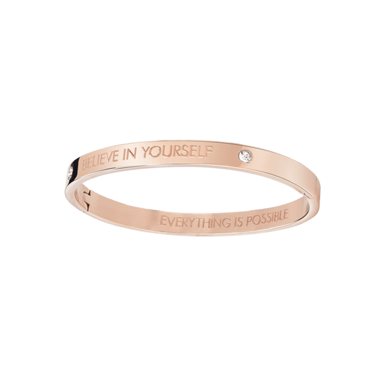 Rotvergoldeter Bangle-Armreif aus Edelstahl von Guess mit Text: Believe.