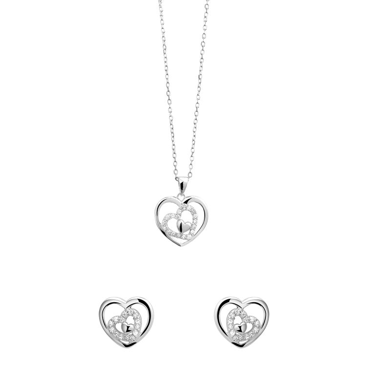 Zilveren set ketting&oorbellen harten met zirkonia