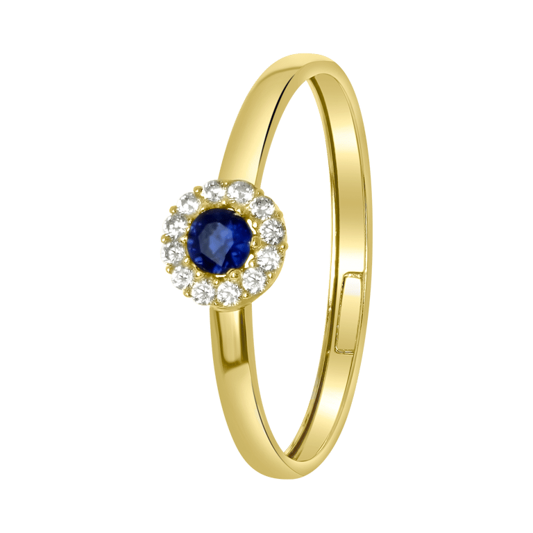 14 karaat geelgouden ring met wit&blauwe zirkonia