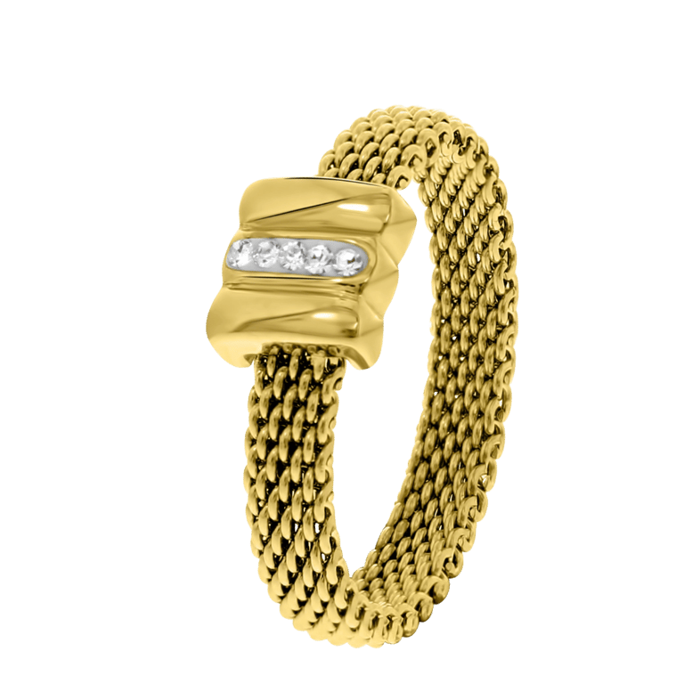 Gerecycleerd stalen ring mesh goldplated met kristal