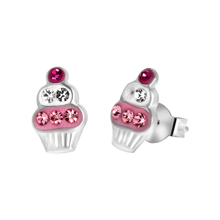 Zilveren kinderoorbellen cupcake roze kristal