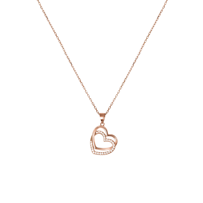 Zilveren roseplated ketting met hanger 2harten zirkonia