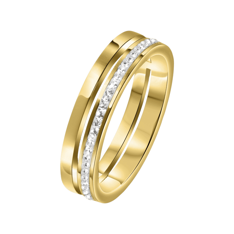 Stalen ring goldplated 2rij met kristal