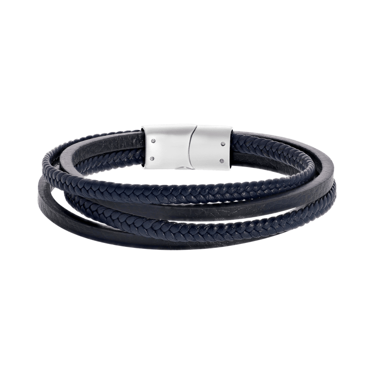 Stalen herenarmband donkerblauw gevlochten leer