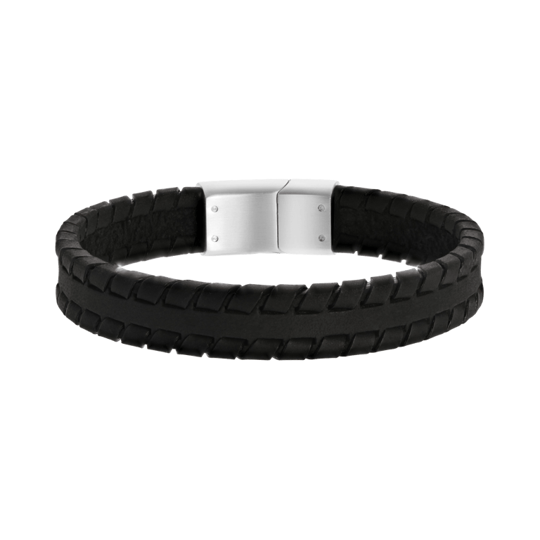 Stalen herenarmband leer zwart 12mm