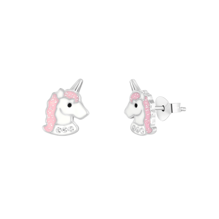 Zilveren kinderoorknoppen unicorn emaille