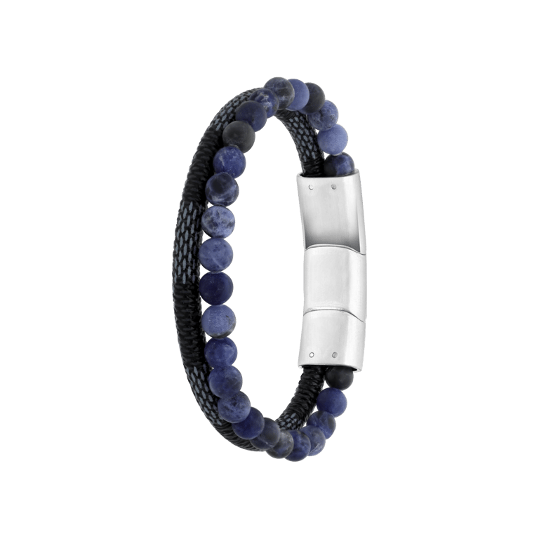 Herrenarmband, Edelstahl, Leder und Stein, blau