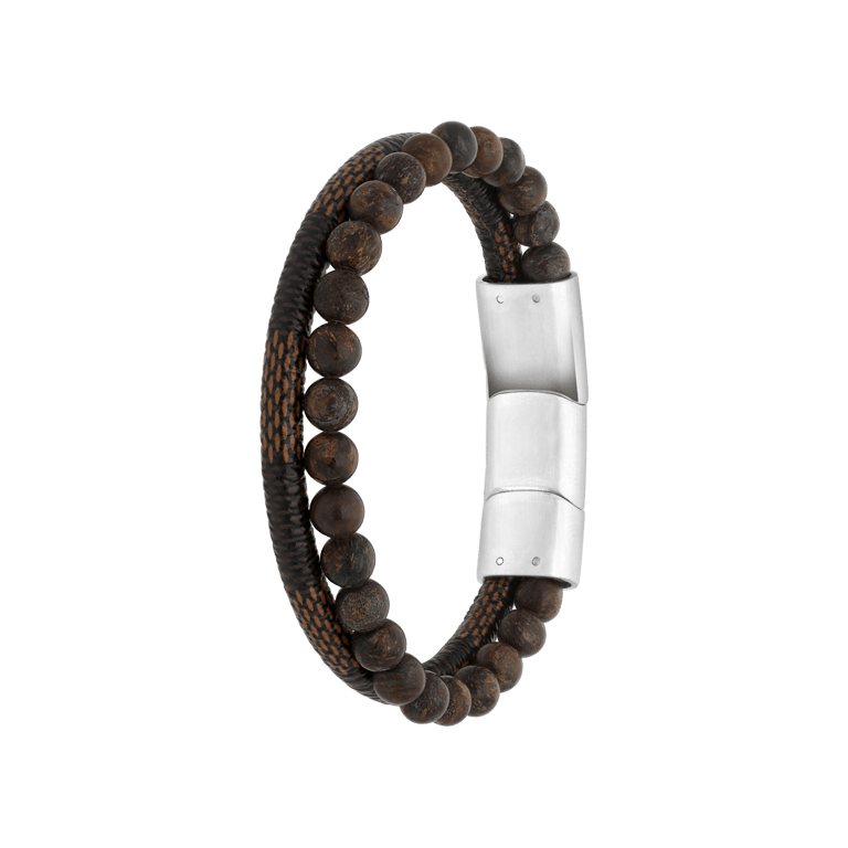 Stalen herenarmband leer en steen bruin