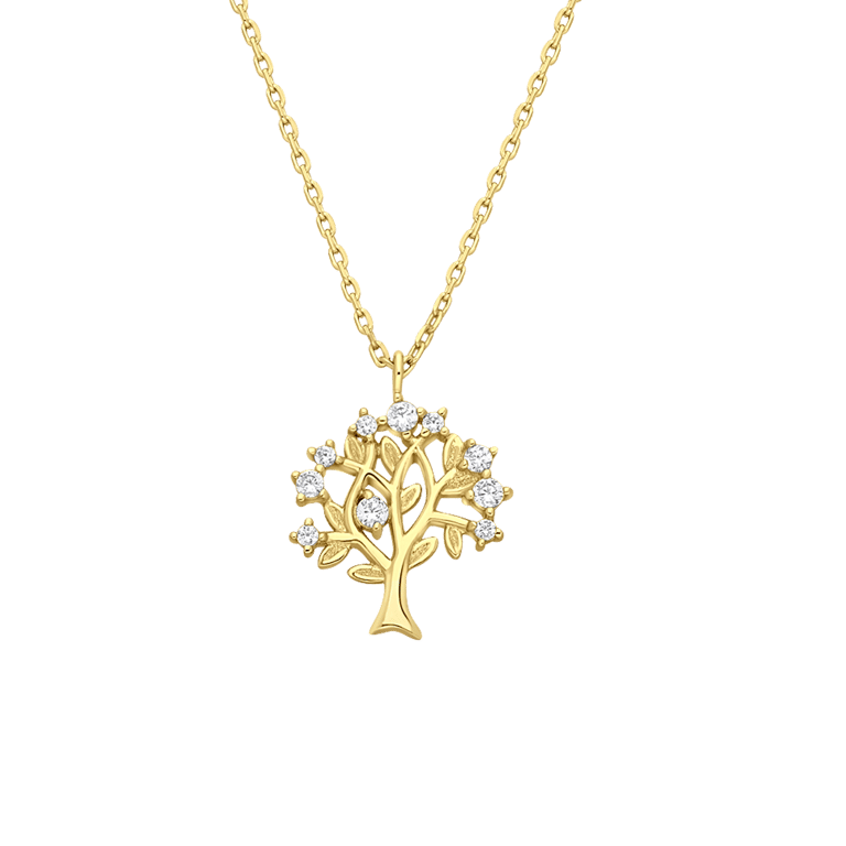 Zilveren goldplated ketting levensboom zirkonia