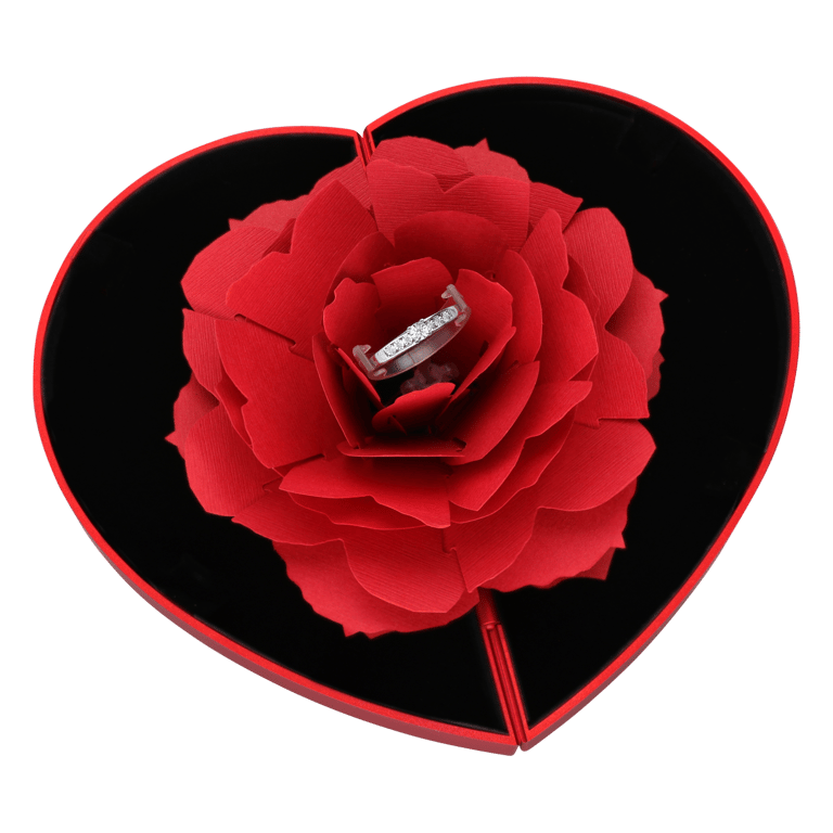 Rote Geschenkbox, Herz mit Rose