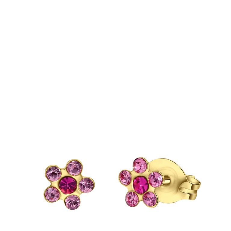 Tiny Tips stalen goldplated oorbellen bloem roze kristal