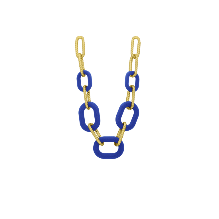 Stalen goldplated chunky ketting met blauwe schakels