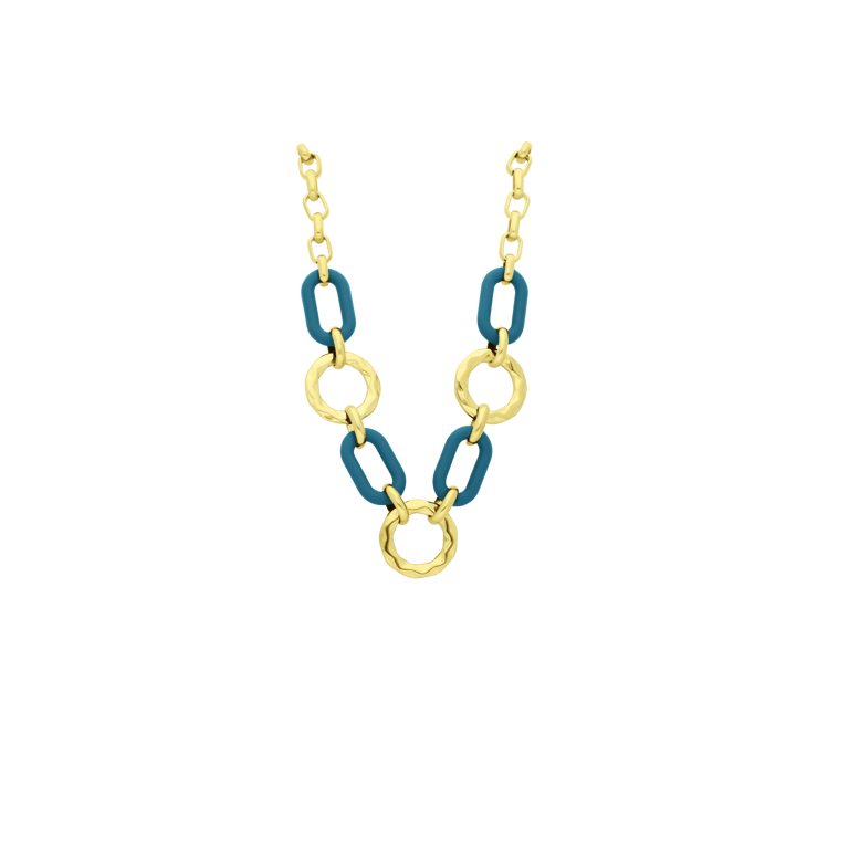 Stalen goldplated ketting met blauwe schakels