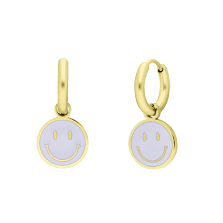 Stalen goldplated oorbellen met smiley wit