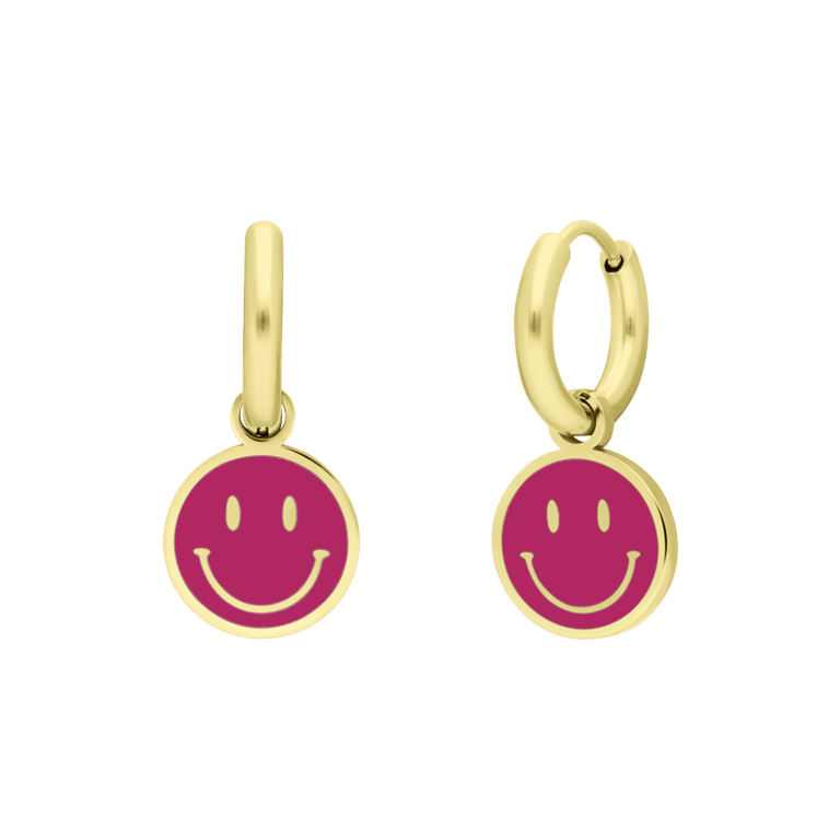 Stalen goldplated oorbellen met smiley fuchsia