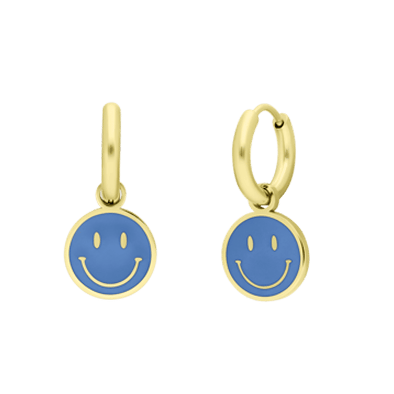 Stalen goldplated oorbellen met smiley lichtblauw