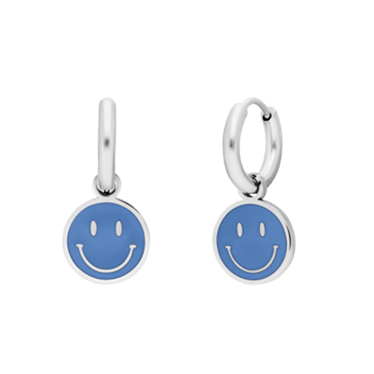 Stalen oorbellen met smiley licht blauw