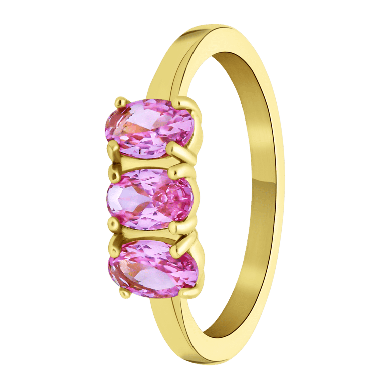 Vergoldeter Vintage-Edelstahlring mit drei rosa Zirkoniasteinen