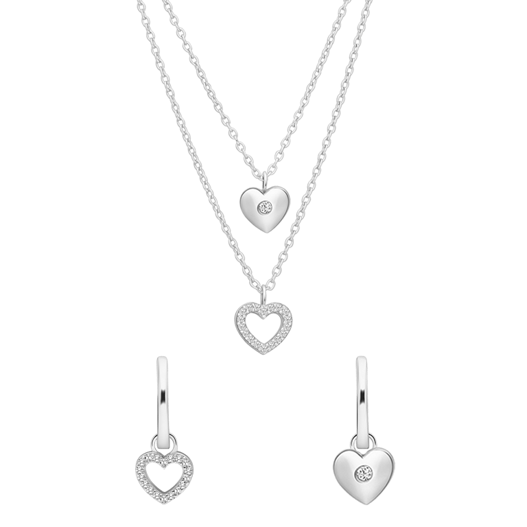 Zilveren set ketting en oorbellen hart