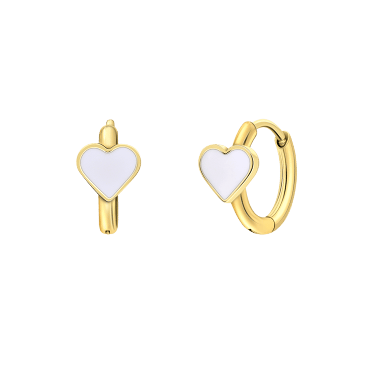 Stalen goldplated oorringen met hart emaille wit