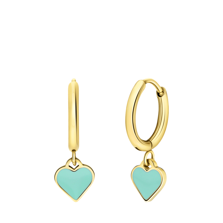 Stalen goldplated oorringen met hart emaille mint