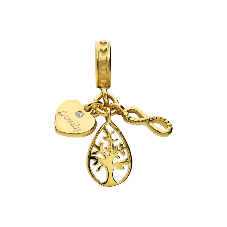 Zilveren goldplated bedel tree of life, infinity en hart