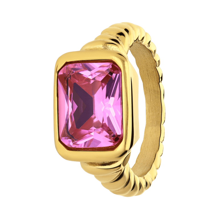 Stalen goldplated vintage ring met roze zirkonia