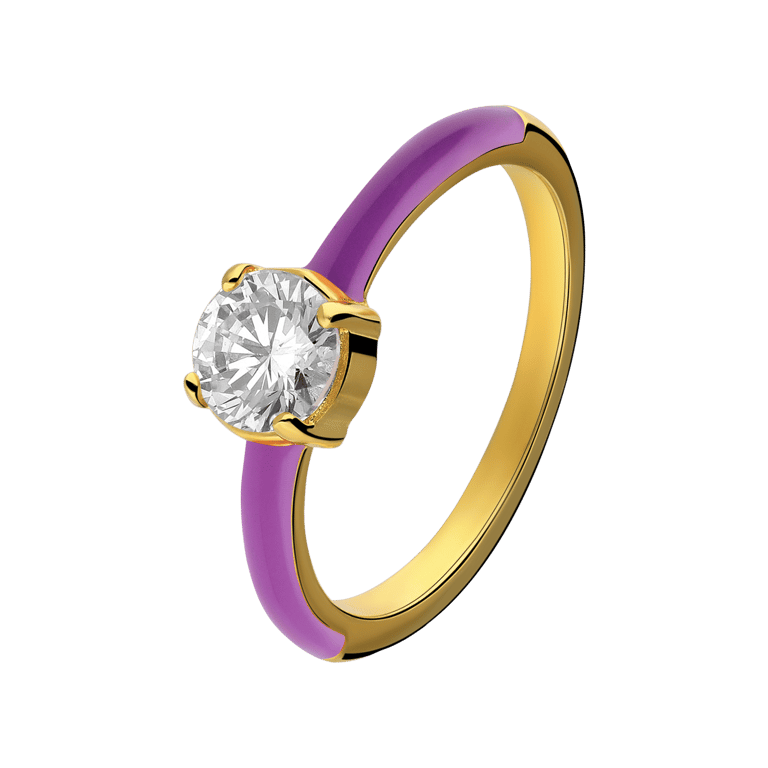 Ring aus Edelstahl, vergoldet, mit lila Emaille und Zirkonia