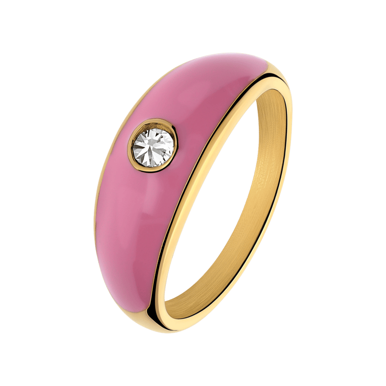 Ring aus Edelstahl, vergoldet, mit rosa Emaille und Zirkonia