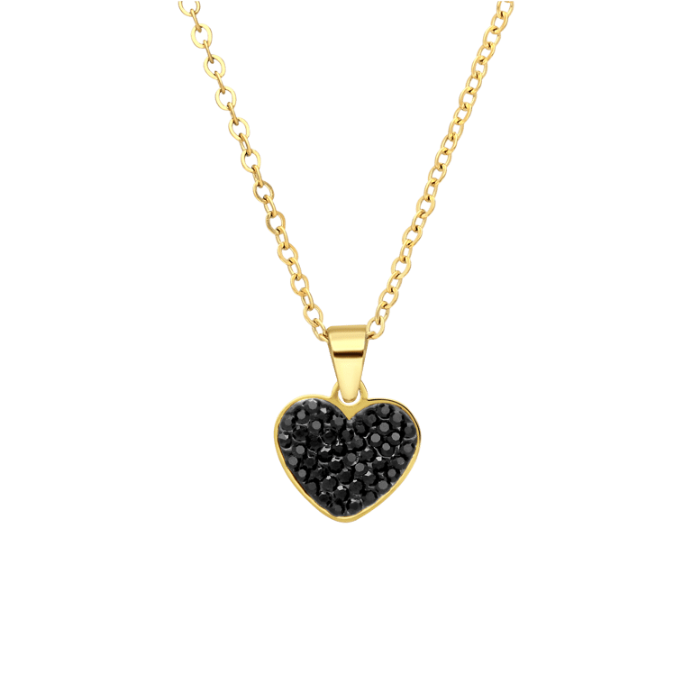 Stalen goldplated ketting hart met kristal zwart