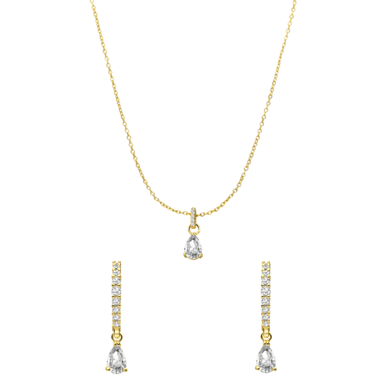 Zilveren goldplated set ketting en oorringen druppel zirkonia