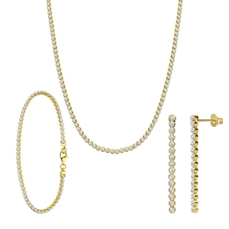 Zilveren goldplated set ketting, armband en oorknoppen zirkonia