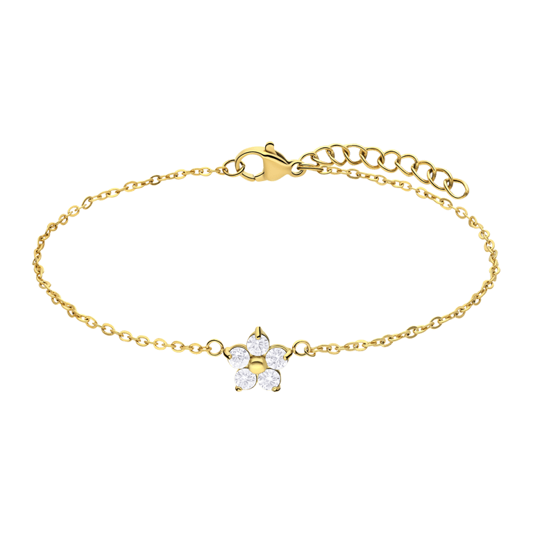 Armband aus Edelstahl, vergoldet, Blume mit Zirkonia, Weiß