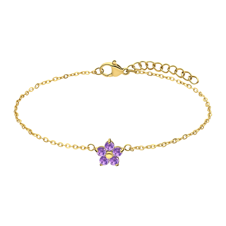 Stalen goldplated armband bloem met zirkonia paars