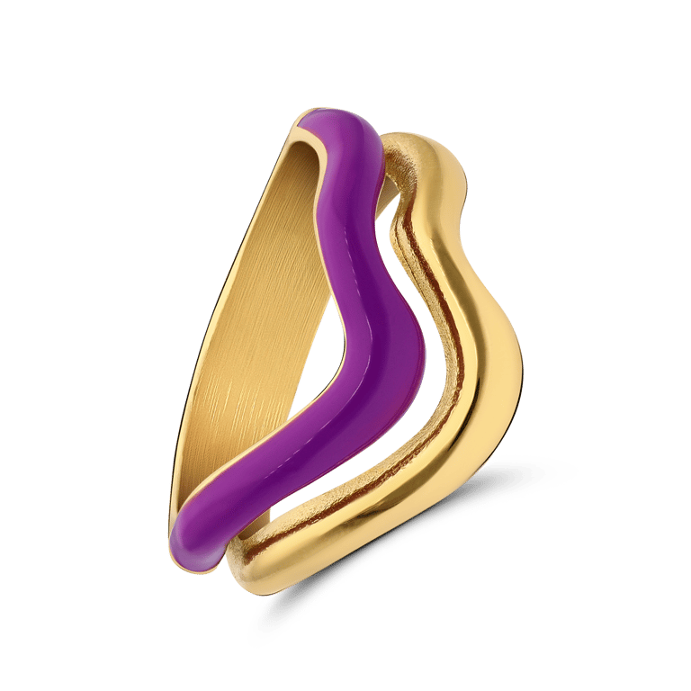 Stalen goldplated ring met paarse emaille