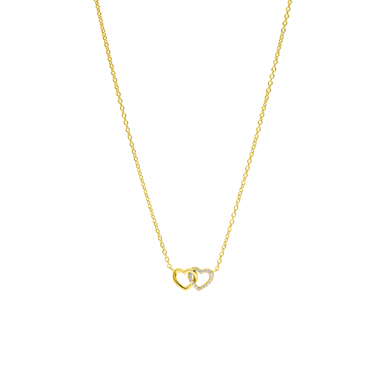 Zilveren goldplated ketting met hanger hartjes zirkonia