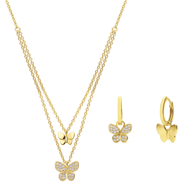 Zilveren goldplated set vlinder zirkonia